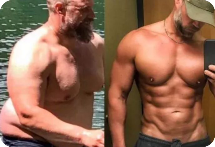 Before and after photos of a man showing significant fat loss and increased abdominal muscle definition