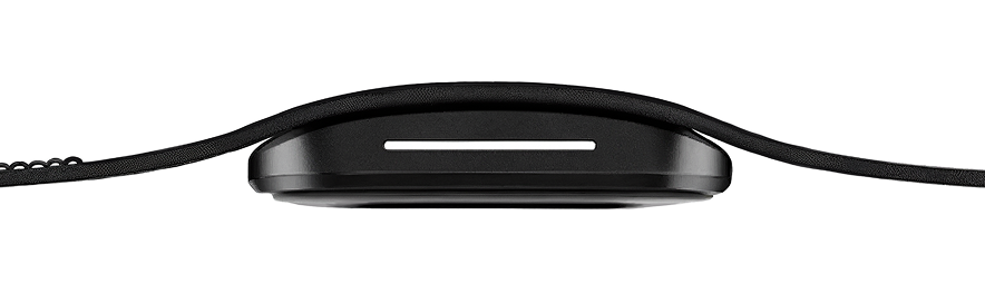Side profile view of a hume band 2.0  with a curved display and a thin black strap, centered on a light gray background. The watch face appears ultra-thin with a minimalist design and a narrow horizontal white indicator on the screen.