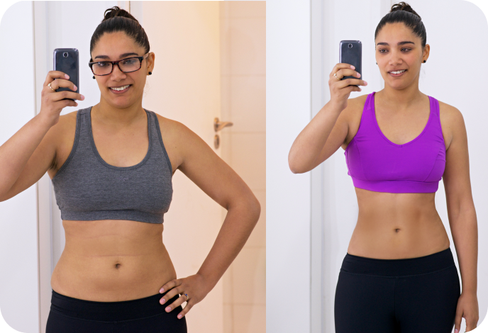 Before and after photos of a woman wearing glasses showing reduced abdominal fat and a more toned waist